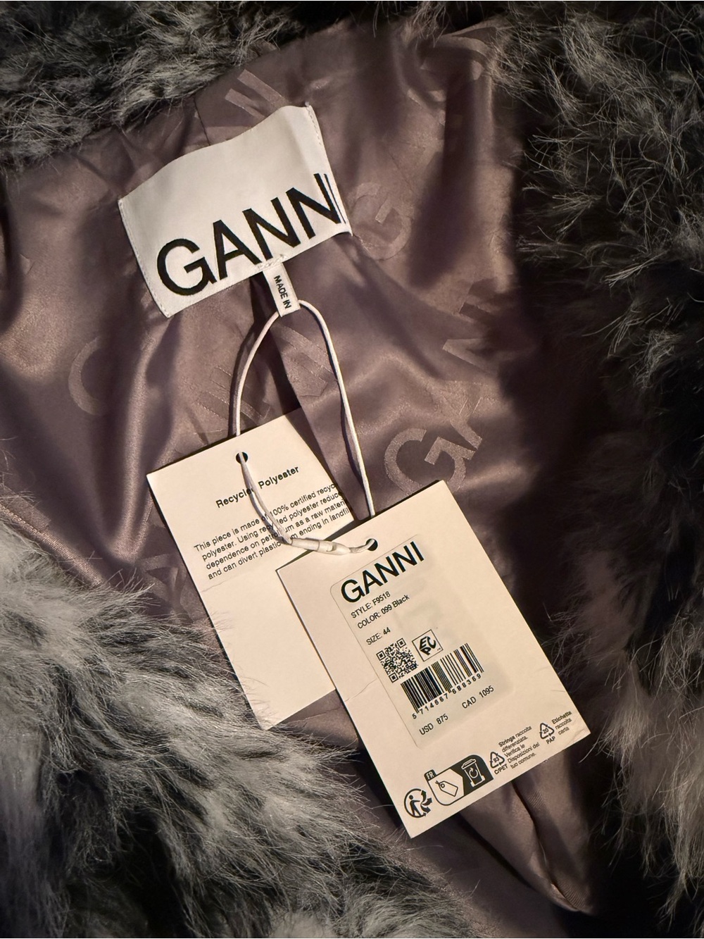 Ganni Black & White Faux Fur Long Coat - Picture 6 of 6
